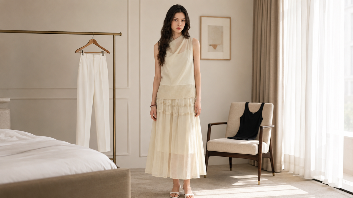 Sand khaki matching skirt set shown with white trousers and a black tank for together-and-separate styling ideas.