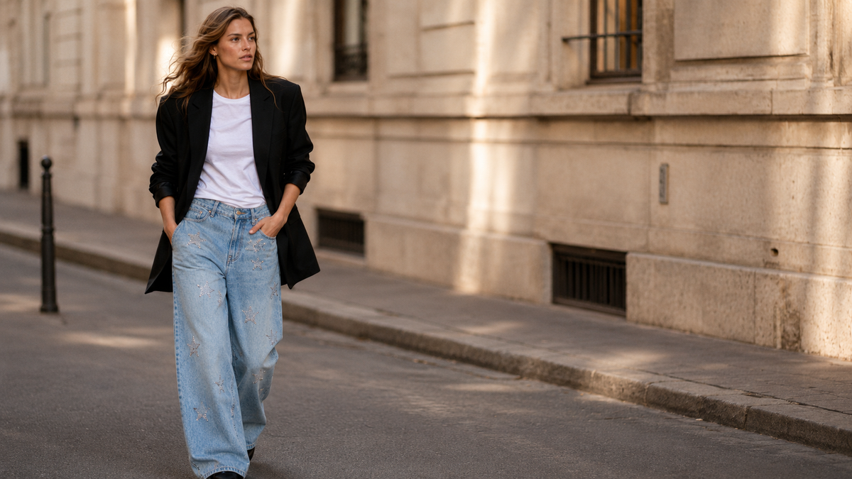 how to style rhinestone jeans — white tee and oversized blazer street style