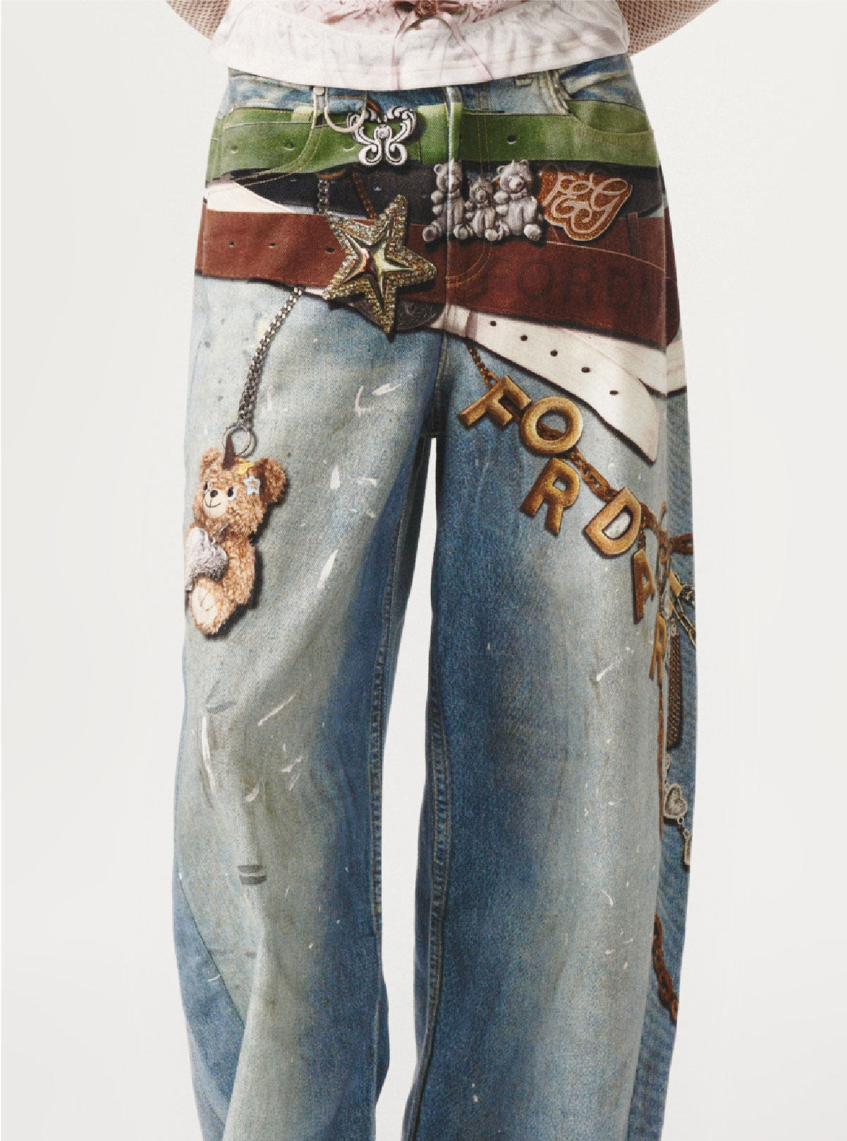 Blue Belt Graphic Straight Leg Jeans