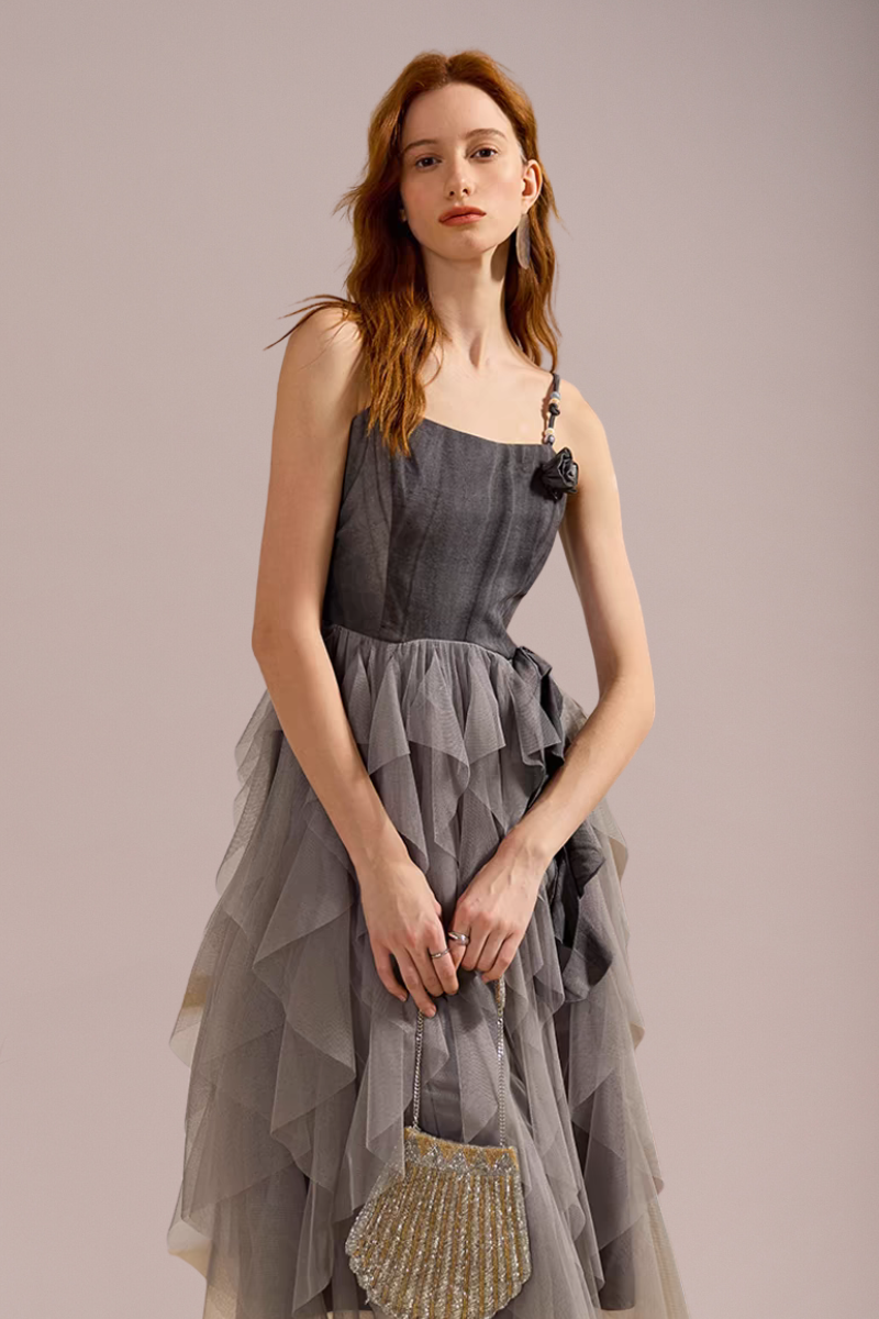 Asymmetric Layered Tulle Midi Dress