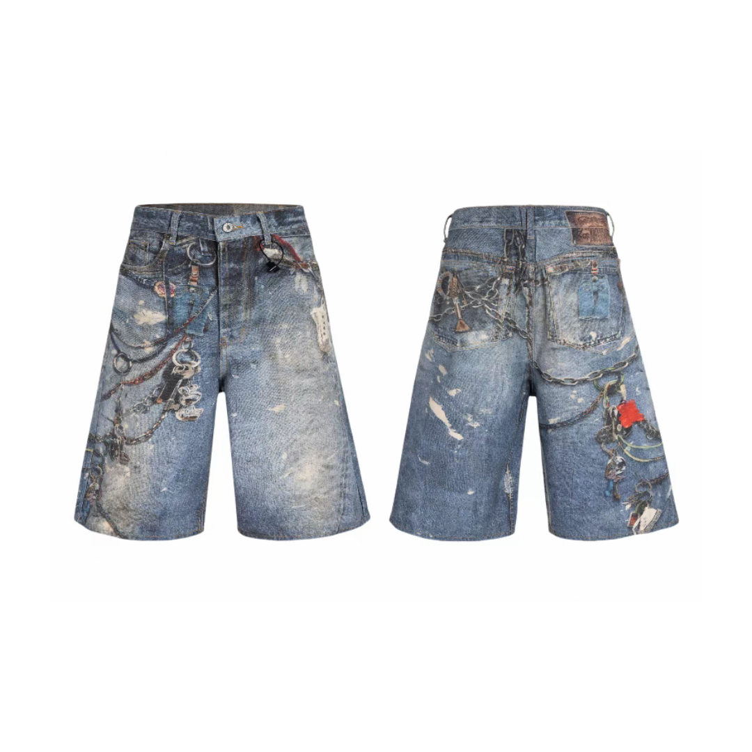 Shorts vaqueros desgastados con efecto cadena (edición grunge)