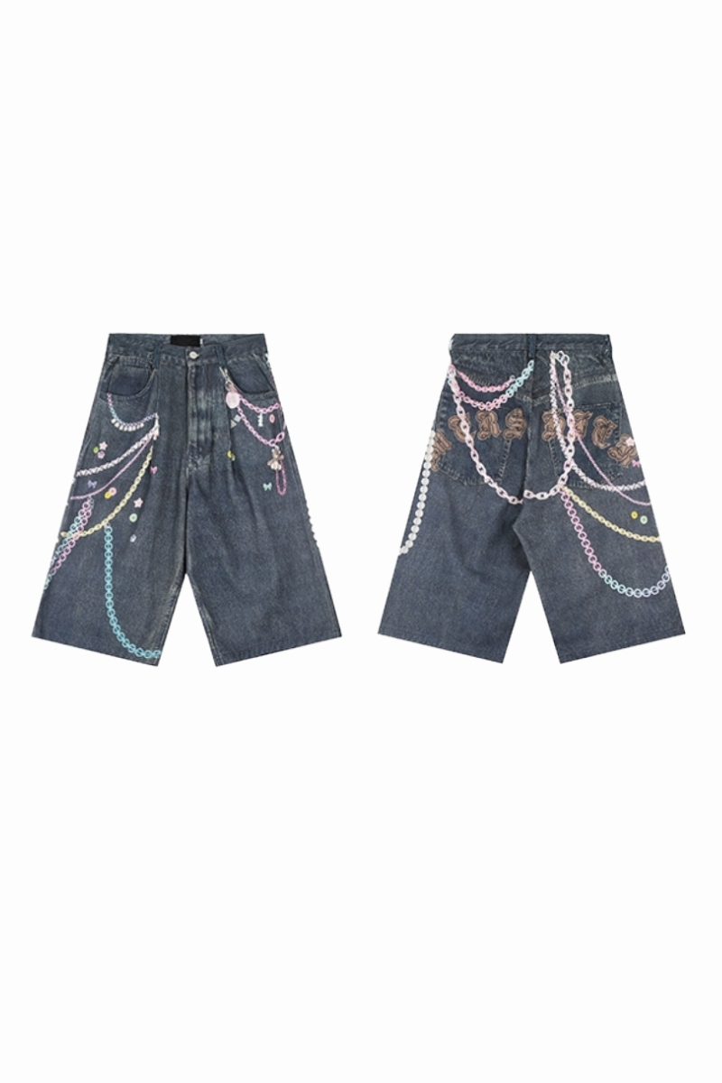 Y2K Charm Chain 3D-bedruckte Denim-Bermudashorts