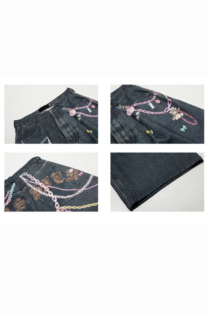 Y2K Charm Chain 3D-bedruckte Denim-Bermudashorts