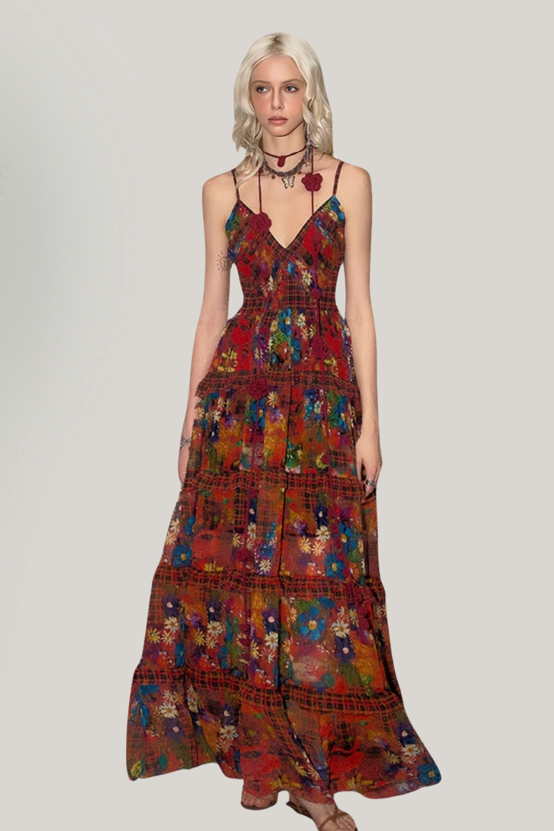 Romantic Vintage Floral Ruffle Maxi Dress