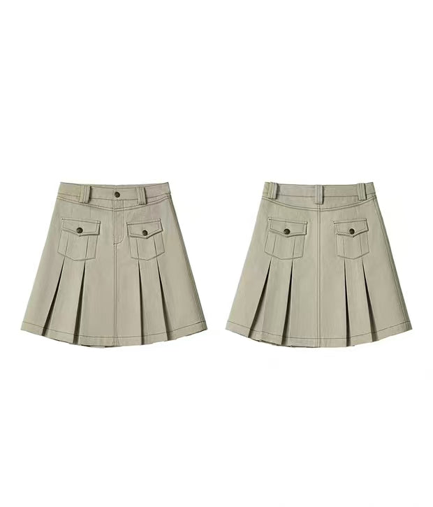 Khaki Grey Pleated Utility Belted Knee-Length Skirt