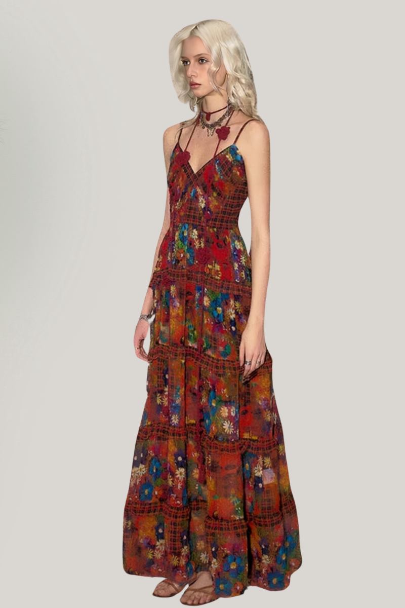 Romantic Vintage Floral Ruffle Maxi Dress