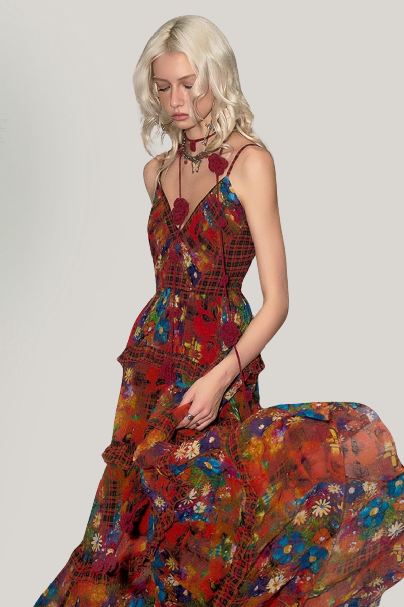 Romantic Vintage Floral Ruffle Maxi Dress