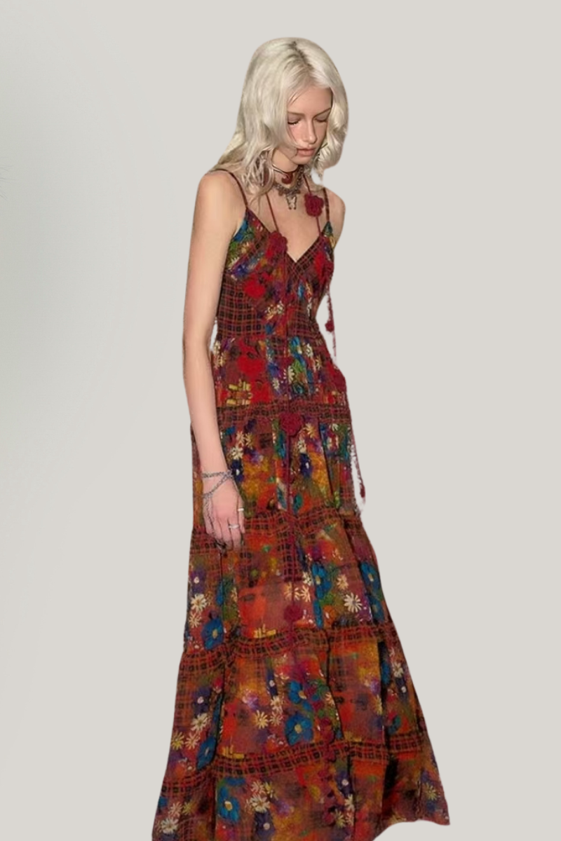 Romantic Vintage Floral Ruffle Maxi Dress