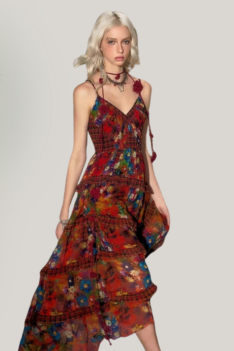 Romantic Vintage Floral Ruffle Maxi Dress