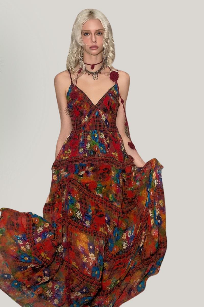 Romantic Vintage Floral Ruffle Maxi Dress