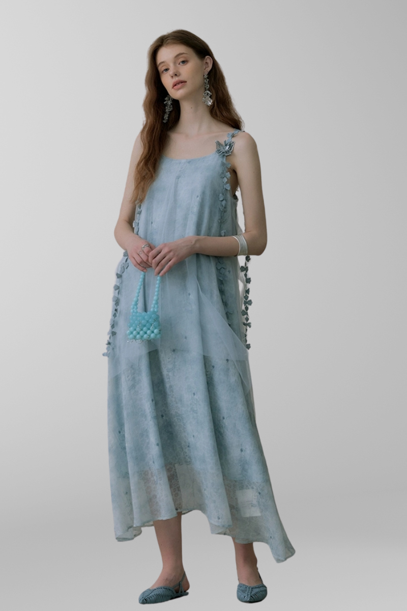 Whimsical Petal-Strap Floral Mesh Midi Dress