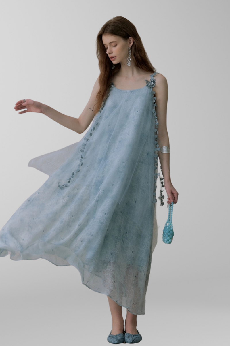 Whimsical Petal-Strap Floral Mesh Midi Dress
