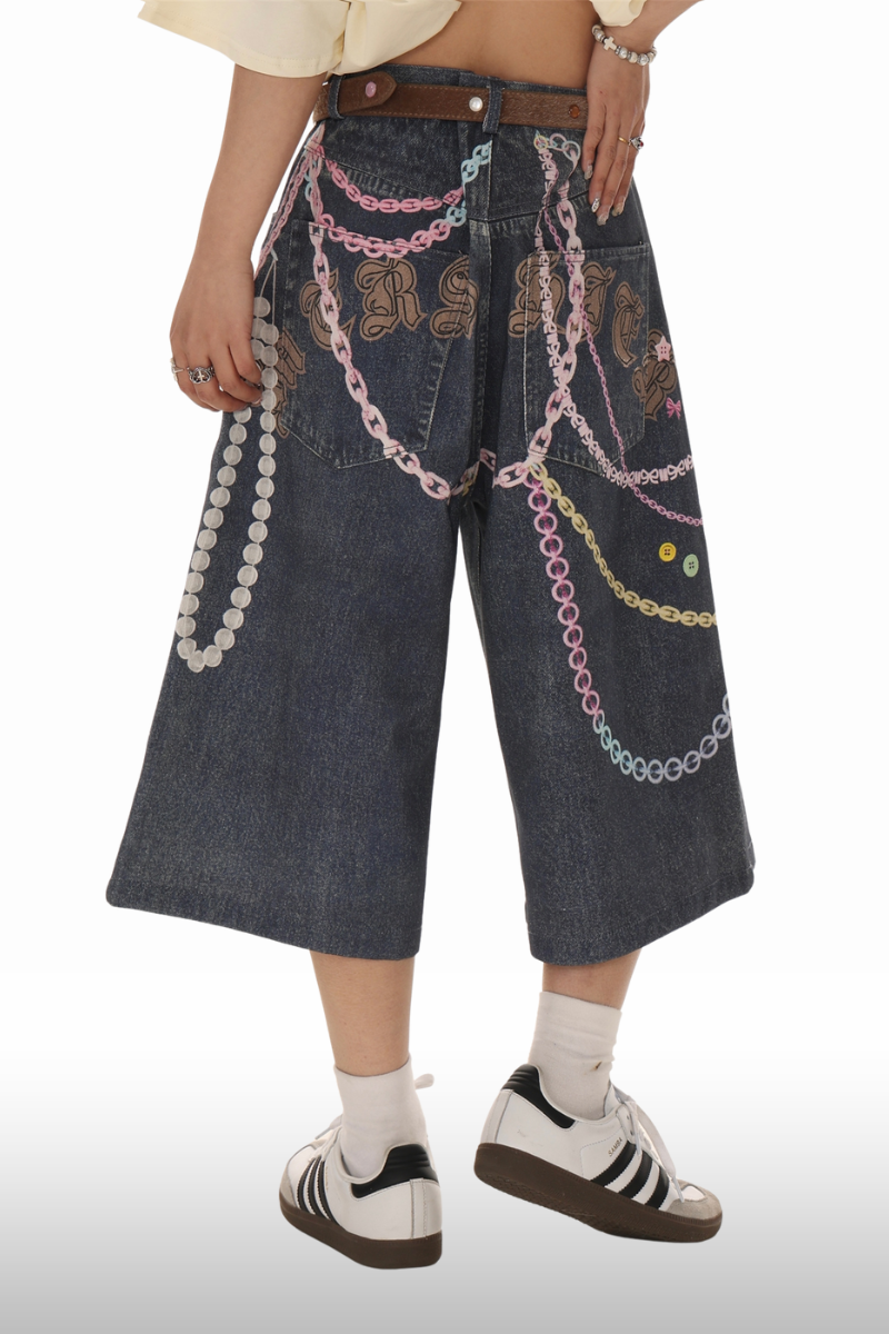 Y2K Charm Chain 3D-bedruckte Denim-Bermudashorts