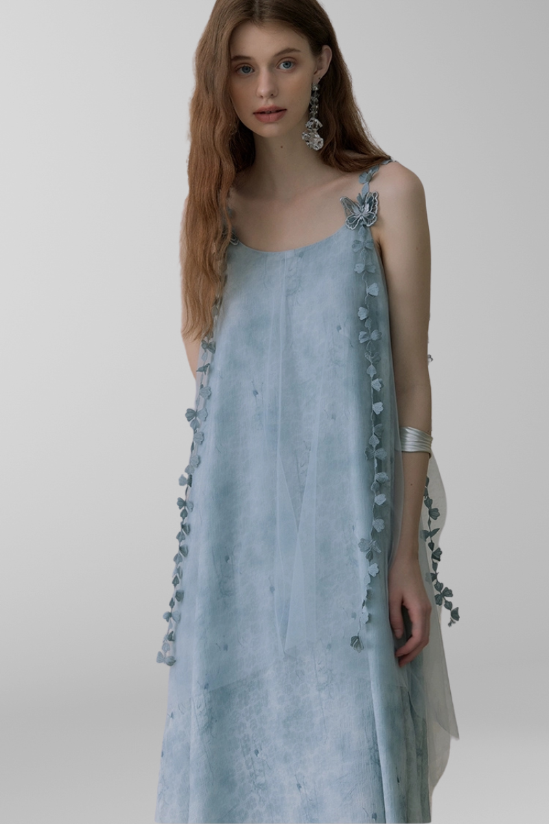 Whimsical Petal-Strap Floral Mesh Midi Dress