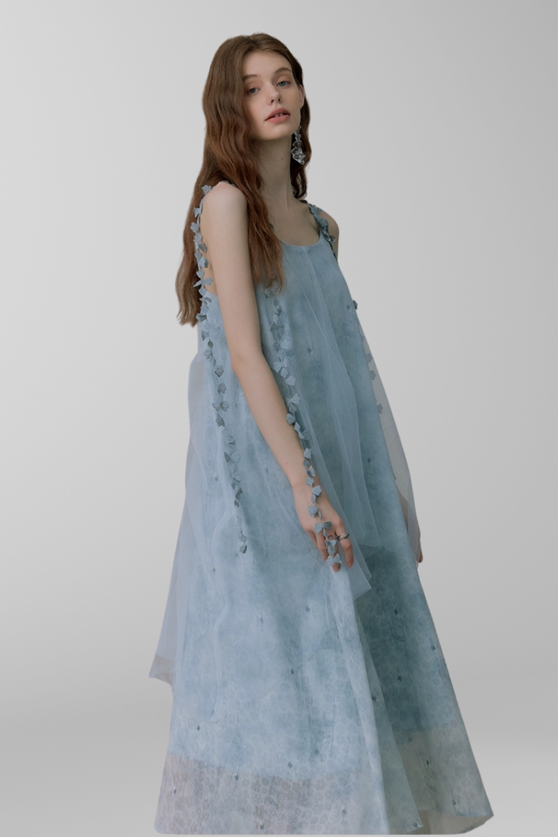 Whimsical Petal-Strap Floral Mesh Midi Dress