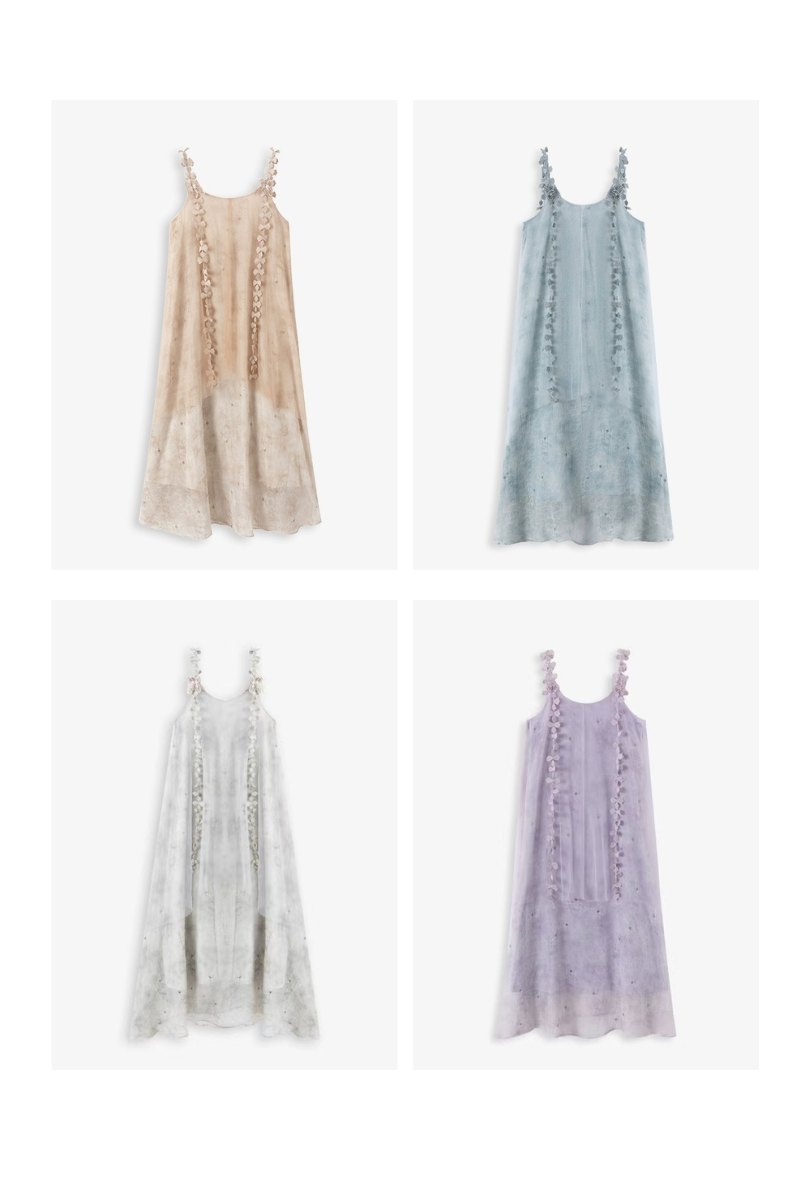Whimsical Petal-Strap Floral Mesh Midi Dress