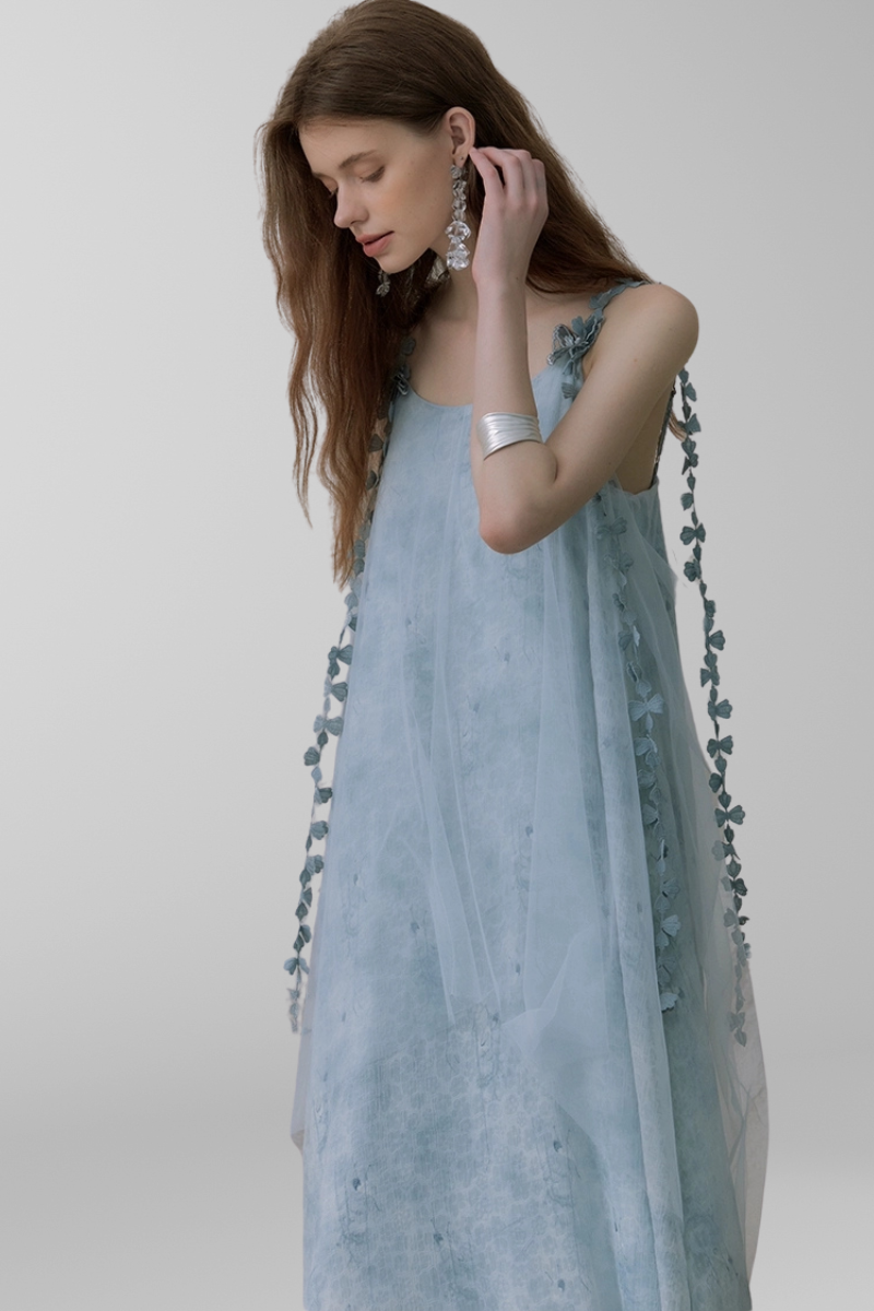 Whimsical Petal-Strap Floral Mesh Midi Dress