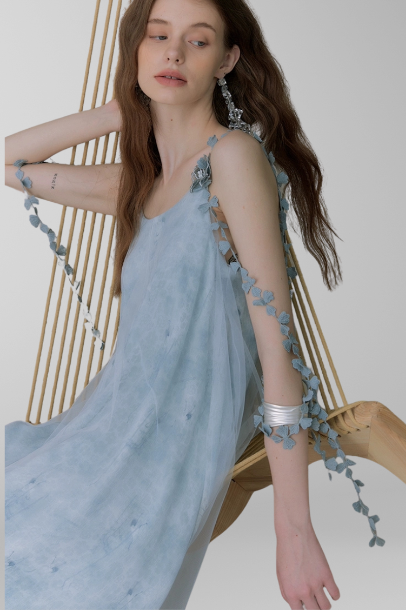Whimsical Petal-Strap Floral Mesh Midi Dress