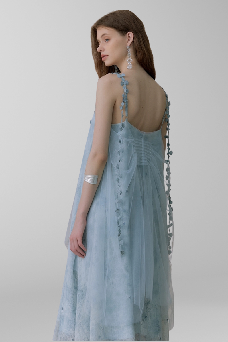 Whimsical Petal-Strap Floral Mesh Midi Dress
