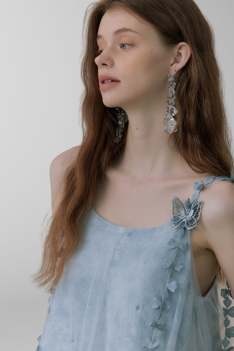 Whimsical Petal-Strap Floral Mesh Midi Dress