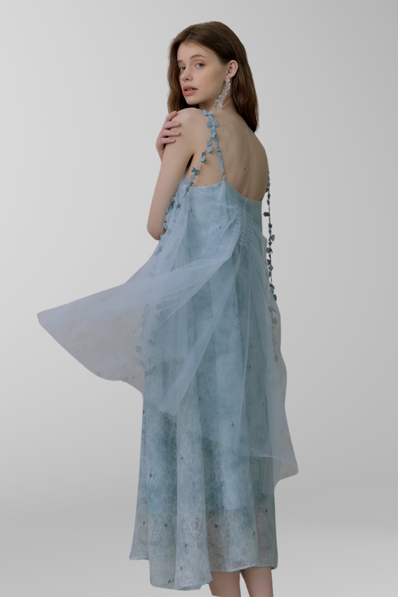 Whimsical Petal-Strap Floral Mesh Midi Dress