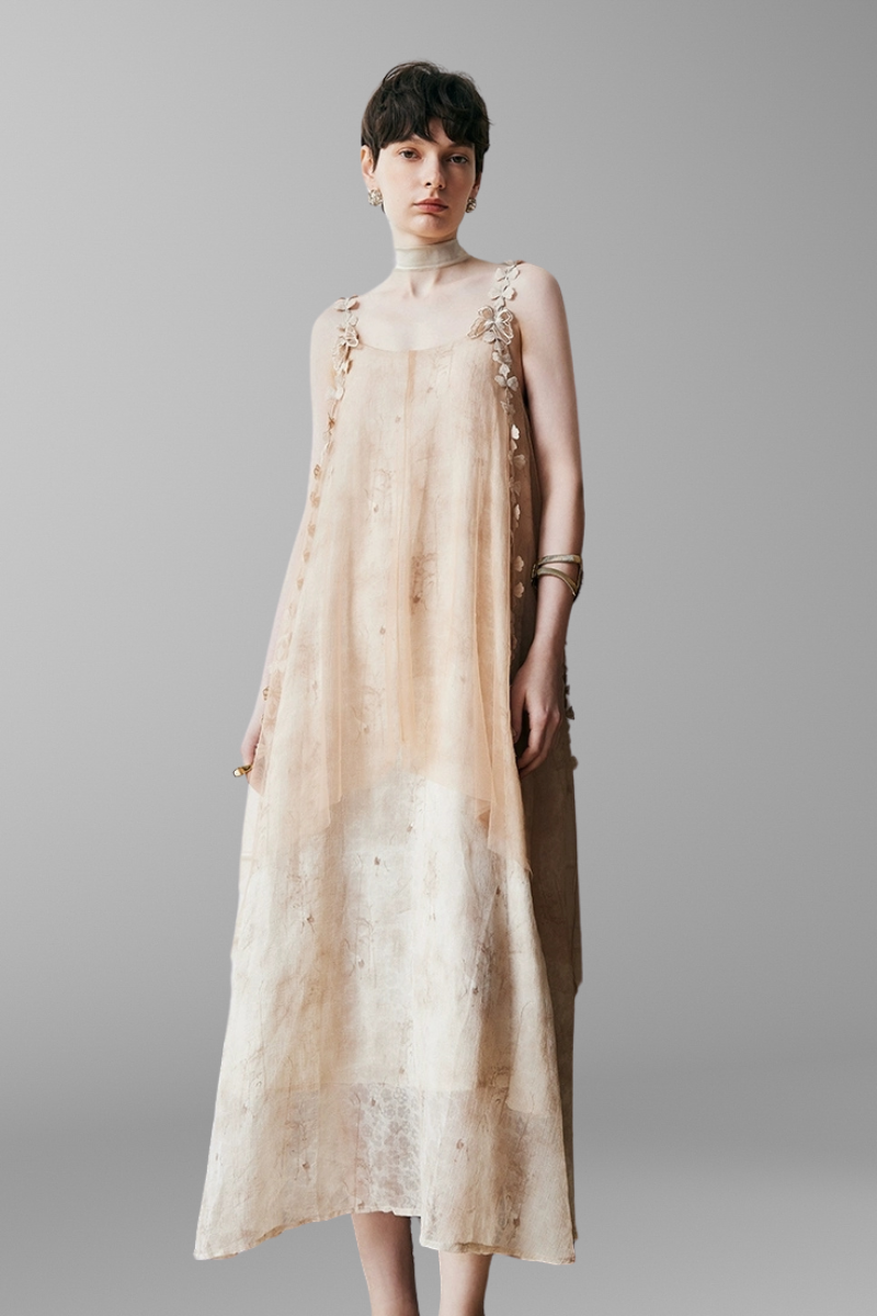 Whimsical Petal-Strap Floral Mesh Midi Dress