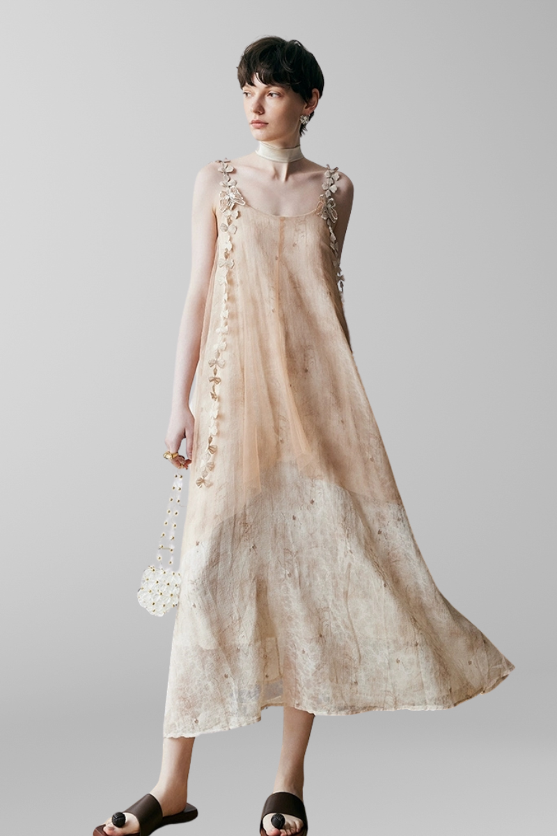 Whimsical Petal-Strap Floral Mesh Midi Dress