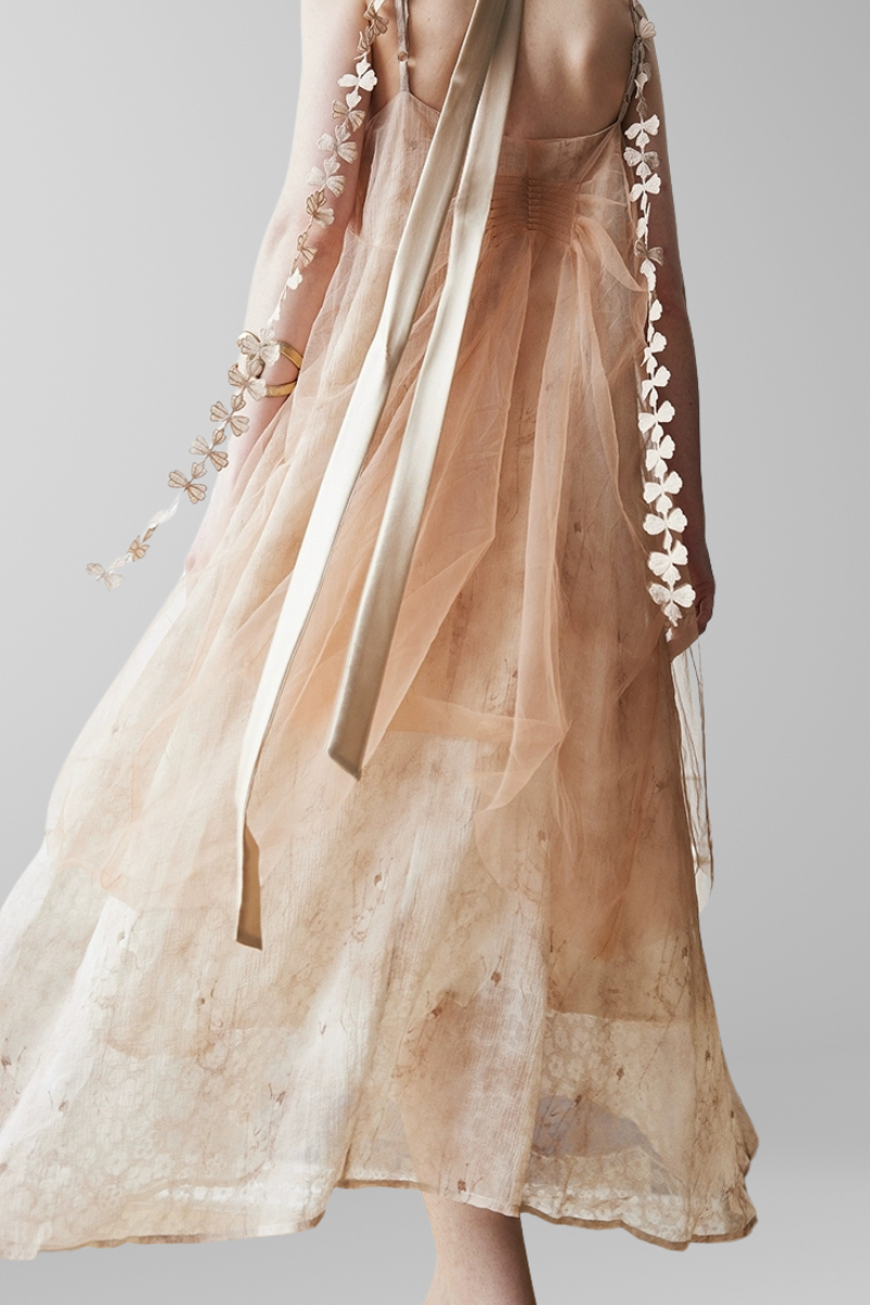 Whimsical Petal-Strap Floral Mesh Midi Dress