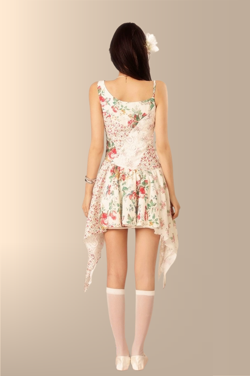 Vintage Patchwork Floral Handkerchief Hem Dress
