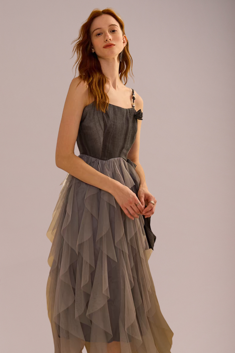 Asymmetric Layered Tulle Midi Dress