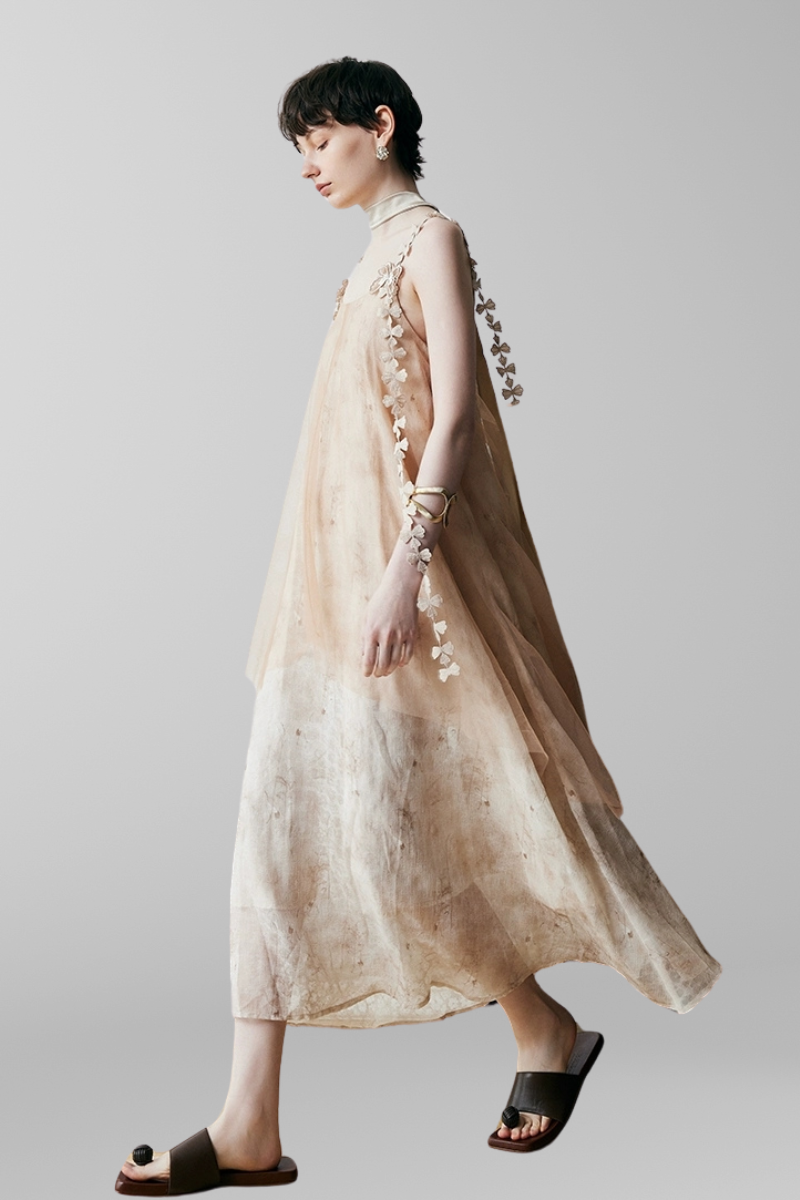 Whimsical Petal-Strap Floral Mesh Midi Dress