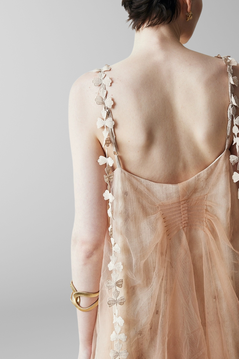 Whimsical Petal-Strap Floral Mesh Midi Dress