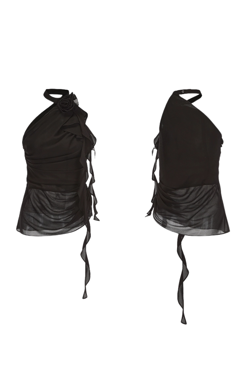 Rosette Ruffle Halter Top – Black & White