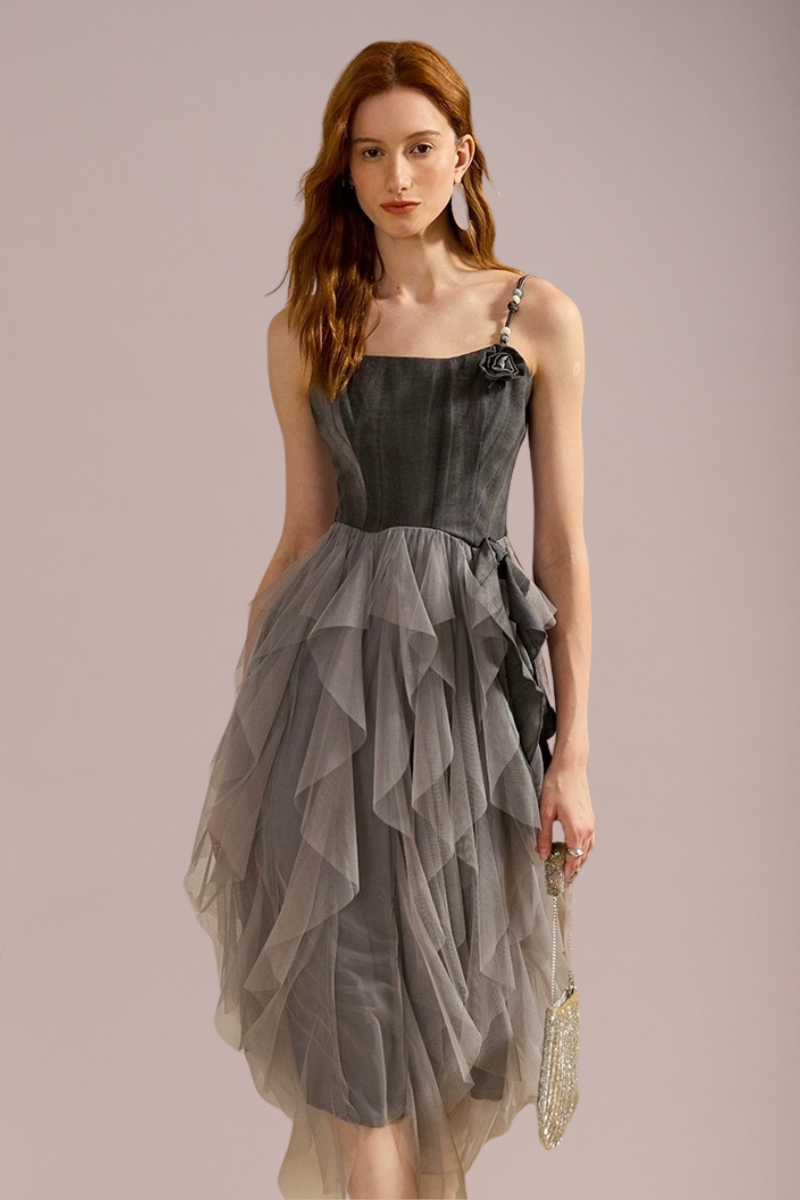 Asymmetric Layered Tulle Midi Dress