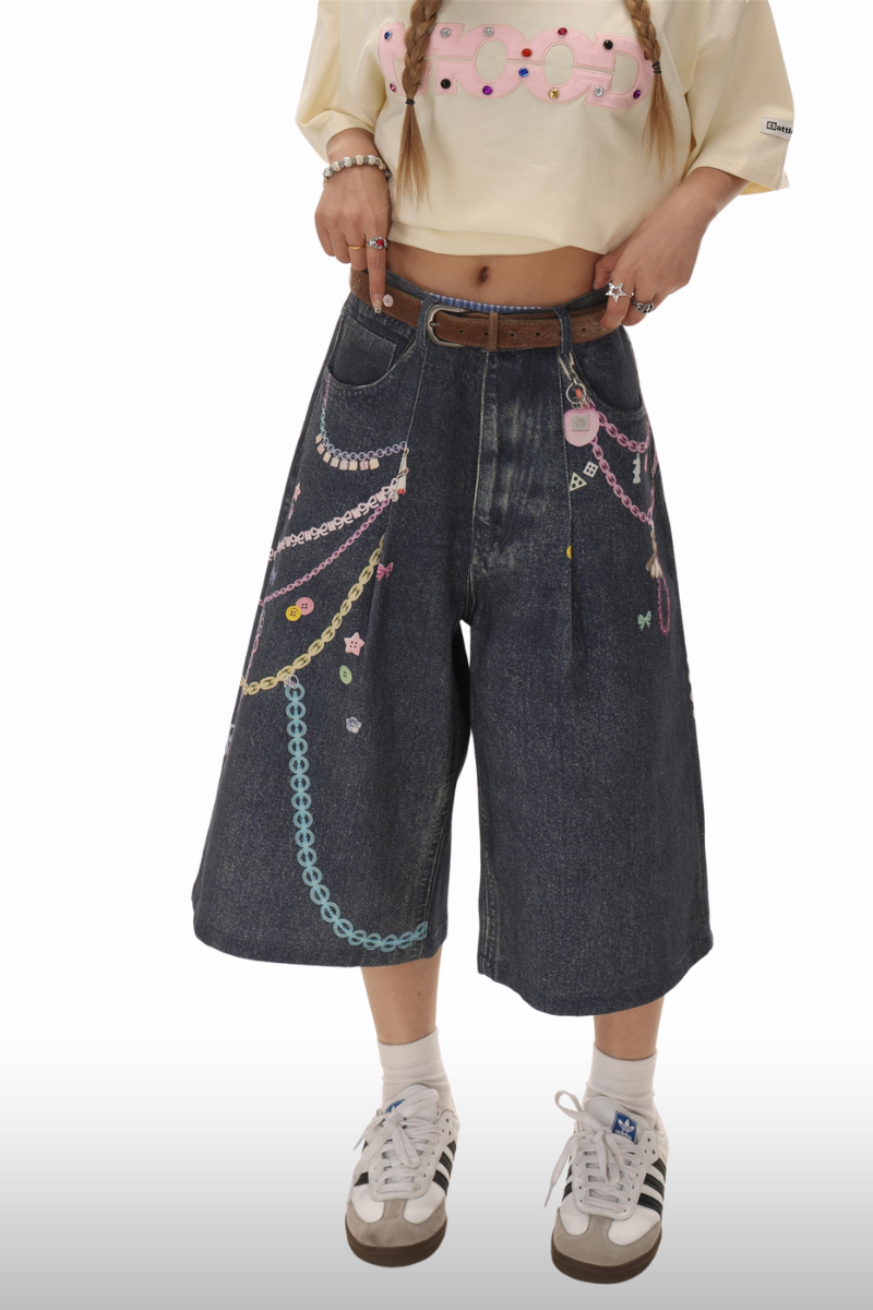 Y2K Charm Chain 3D-bedruckte Denim-Bermudashorts