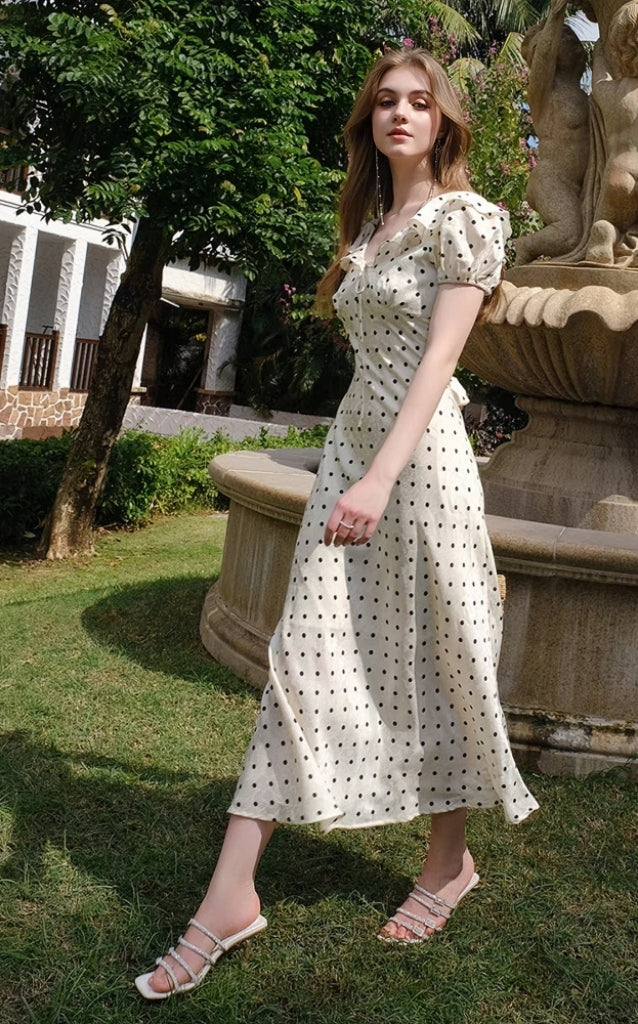 Vintage-Inspired Polka Dot Puff Sleeve Midi Dress