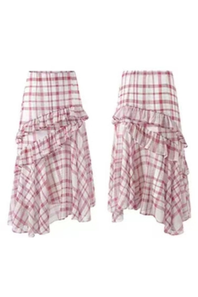 Vintage Ruffled Gingham Midi Skirt – Pink Plaid