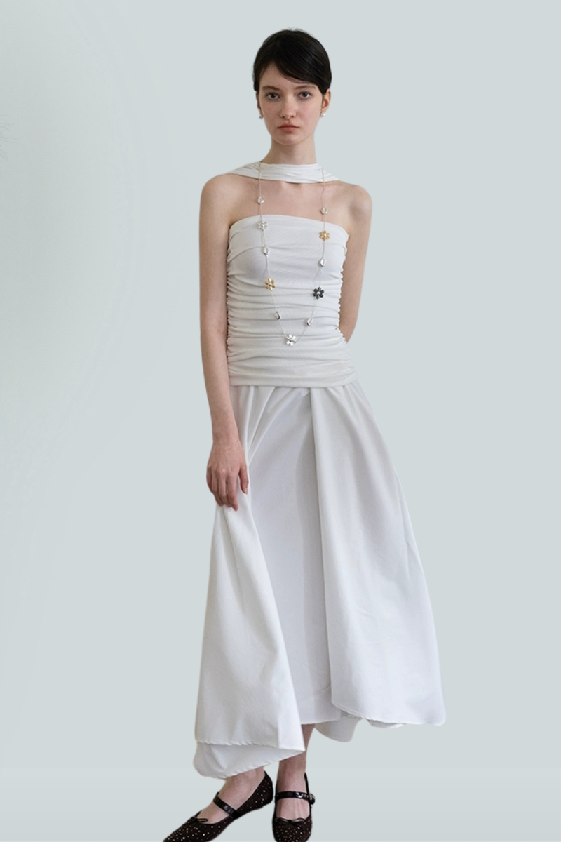 Asymmetric Strapless Pleated Maxi Dress