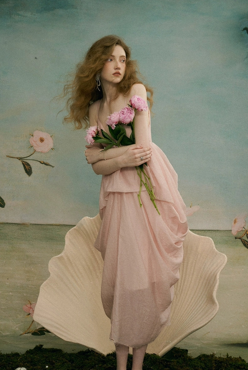 Iridescent Pink Draped Tencel Slip Dress