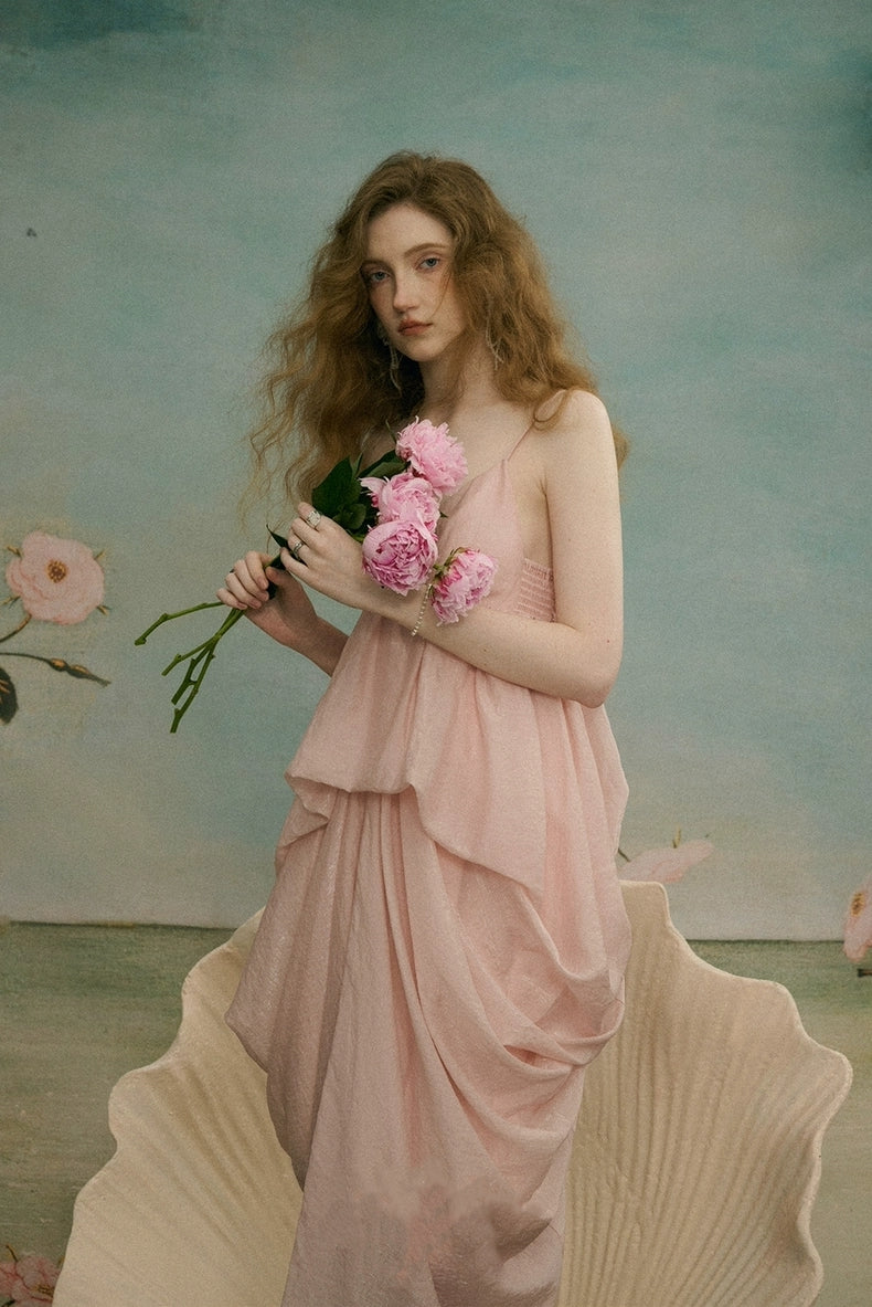 Iridescent Pink Draped Tencel Slip Dress