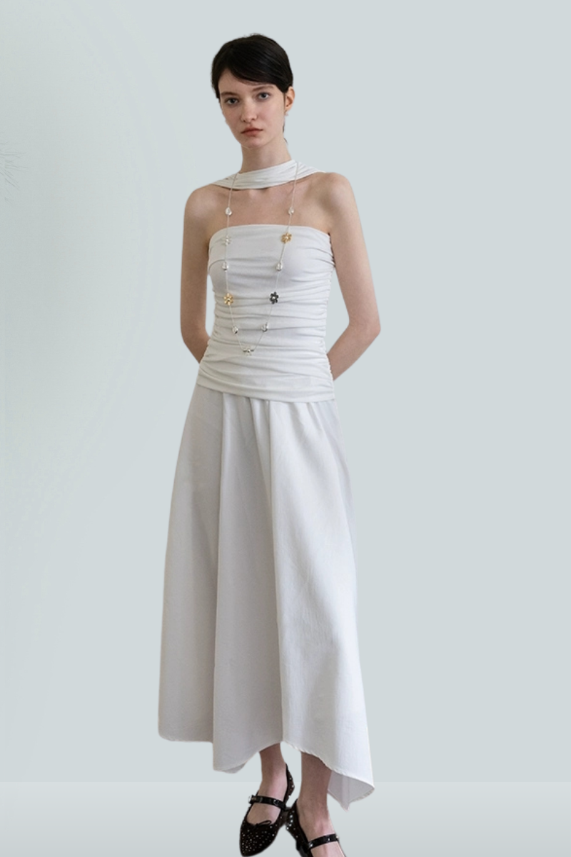 Asymmetric Strapless Pleated Maxi Dress