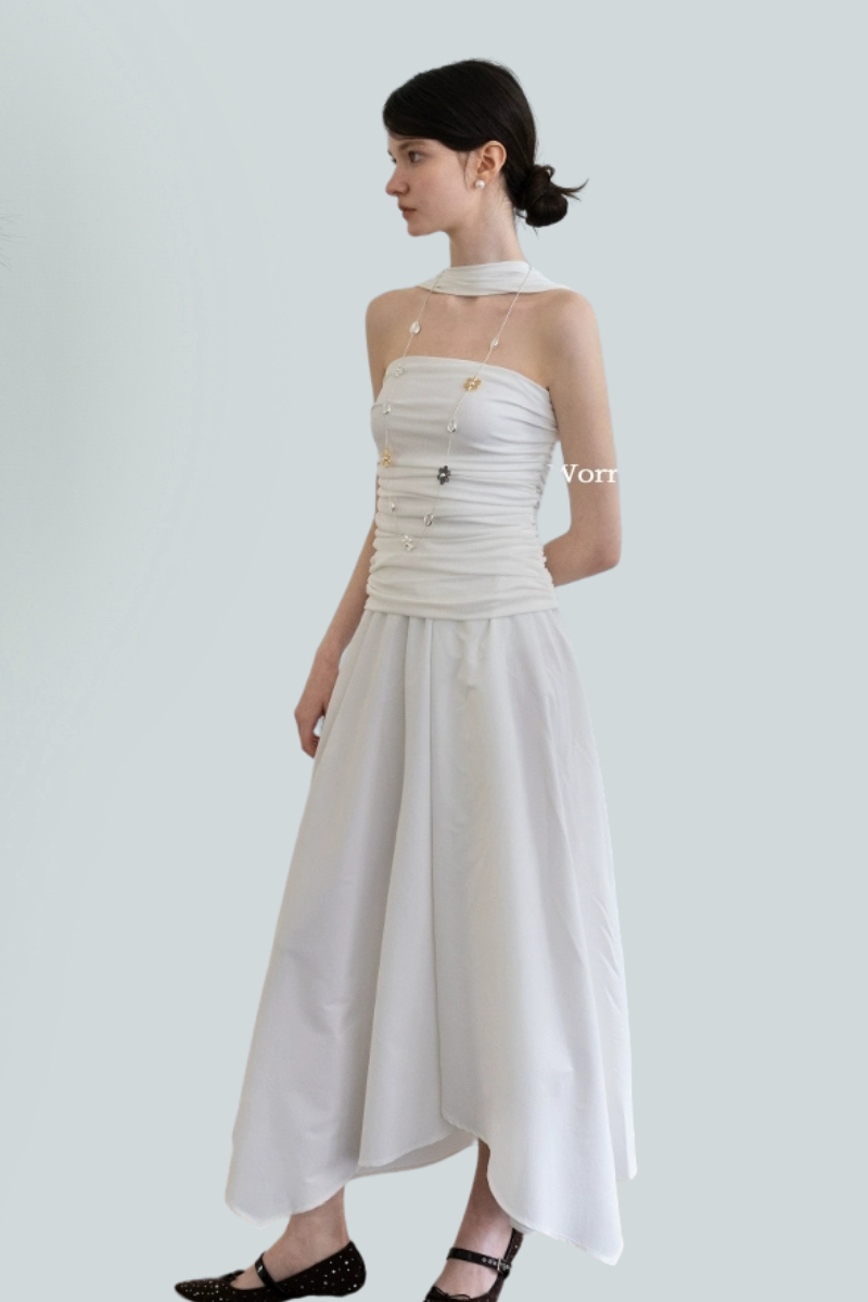 Asymmetric Strapless Pleated Maxi Dress
