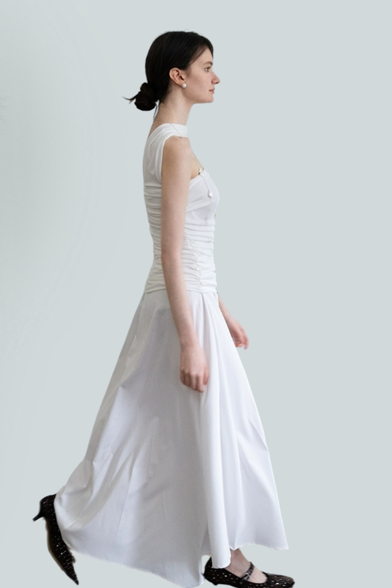 Asymmetric Strapless Pleated Maxi Dress