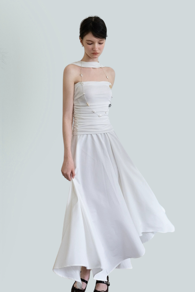 Asymmetric Strapless Pleated Maxi Dress