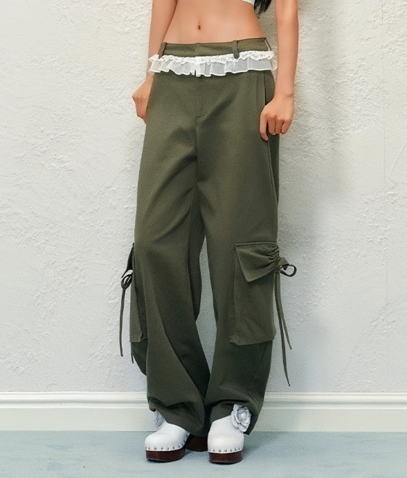 Army Green Wide-Leg Cargo Pants with Bow Detail