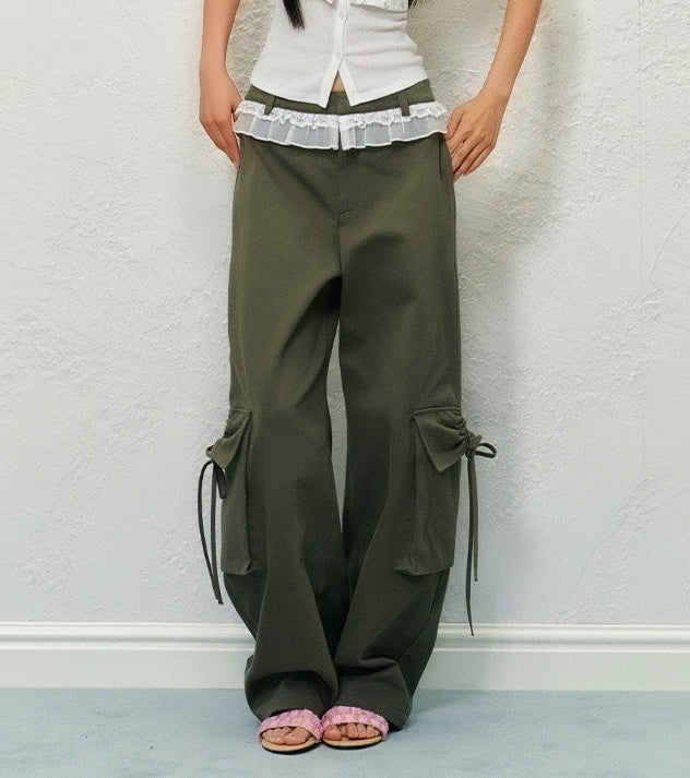 Army Green Wide-Leg Cargo Pants with Bow Detail