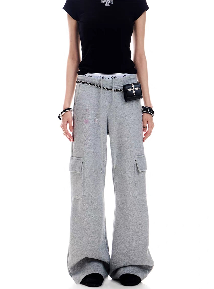 Embroidered Graffiti Wide-Leg Cargo Sweatpants