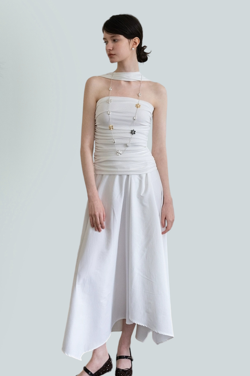 Asymmetric Strapless Pleated Maxi Dress