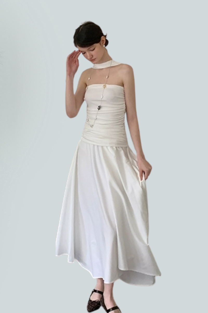 Asymmetric Strapless Pleated Maxi Dress