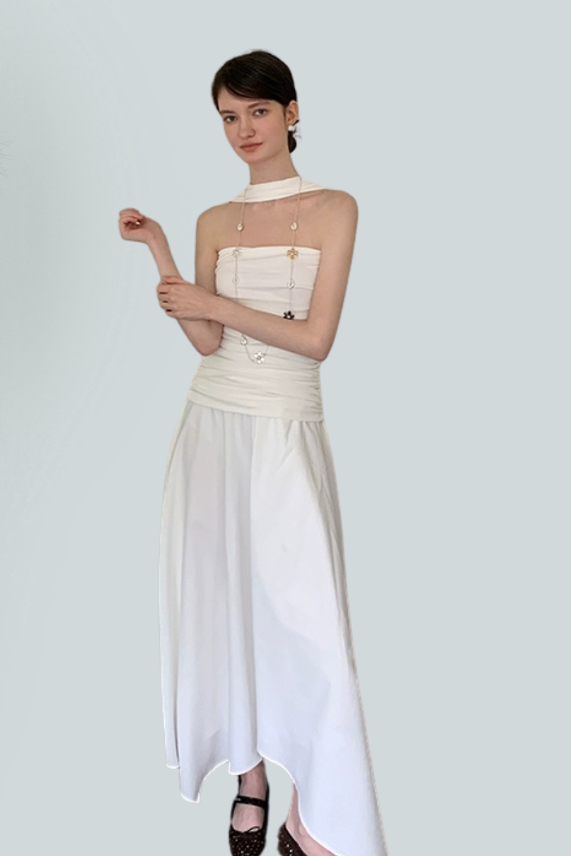Asymmetric Strapless Pleated Maxi Dress